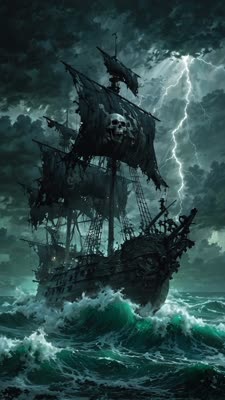 Magic Hour | A dark ghost pirate ship sailing through a violent stormy ...