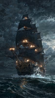 Magic Hour | Pirate ship sailing through a stormy ocean at night ...