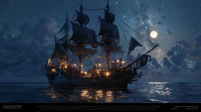 Cinematic shot of pirate ship sailing
