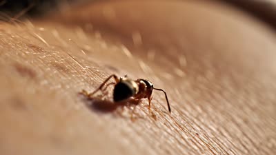 Ant runs on a man's skin
