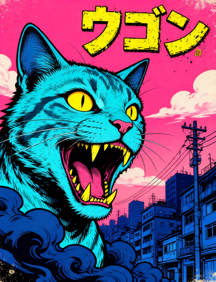 Kaiju Cat Risograph Poster