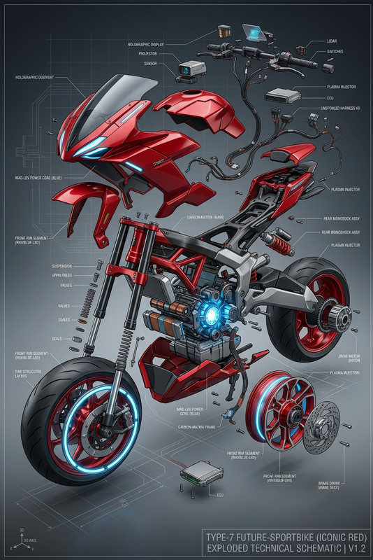 Red Futuristic Bike Exploded Schematic
