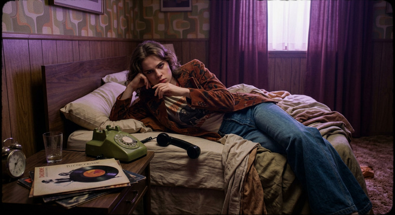 Purple 1970s Cinematic Bedroom Still