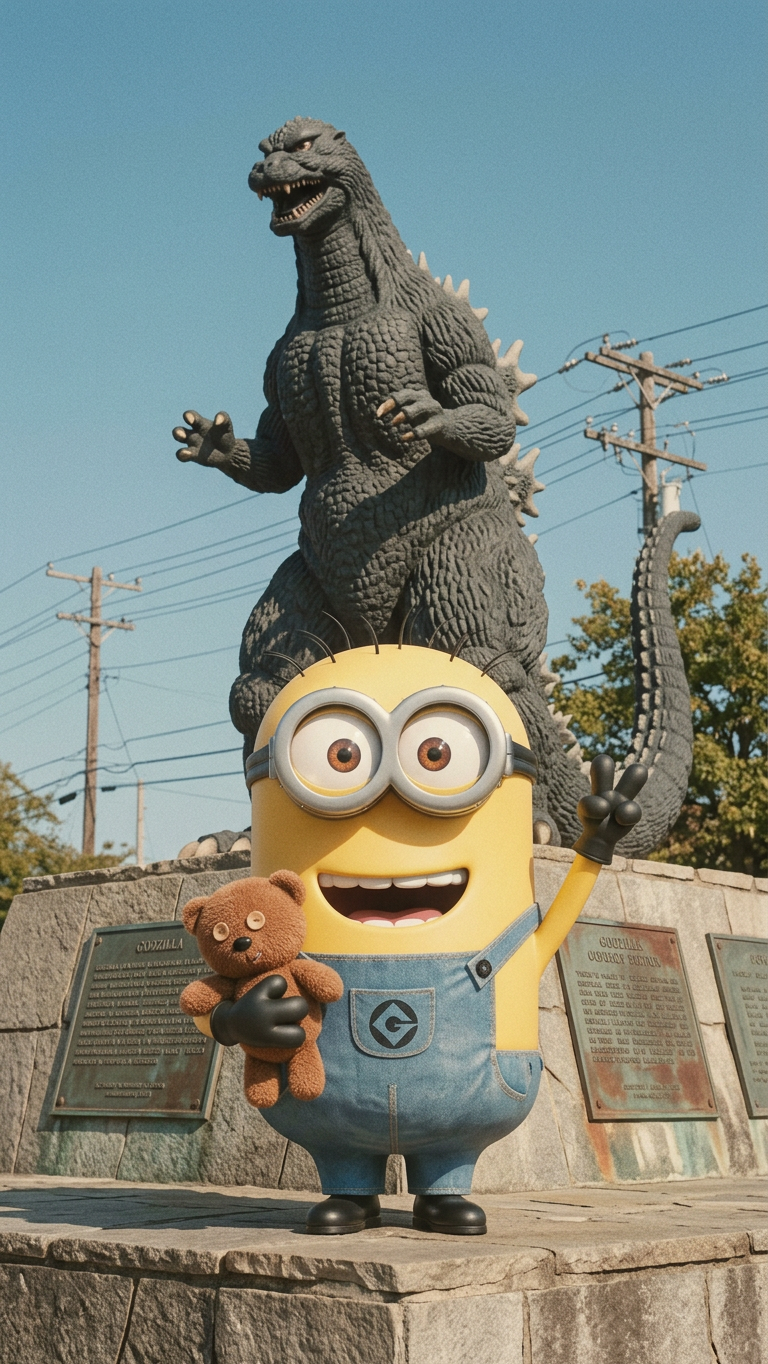 Vintage Outdoor Snapshot with Godzilla Statue
