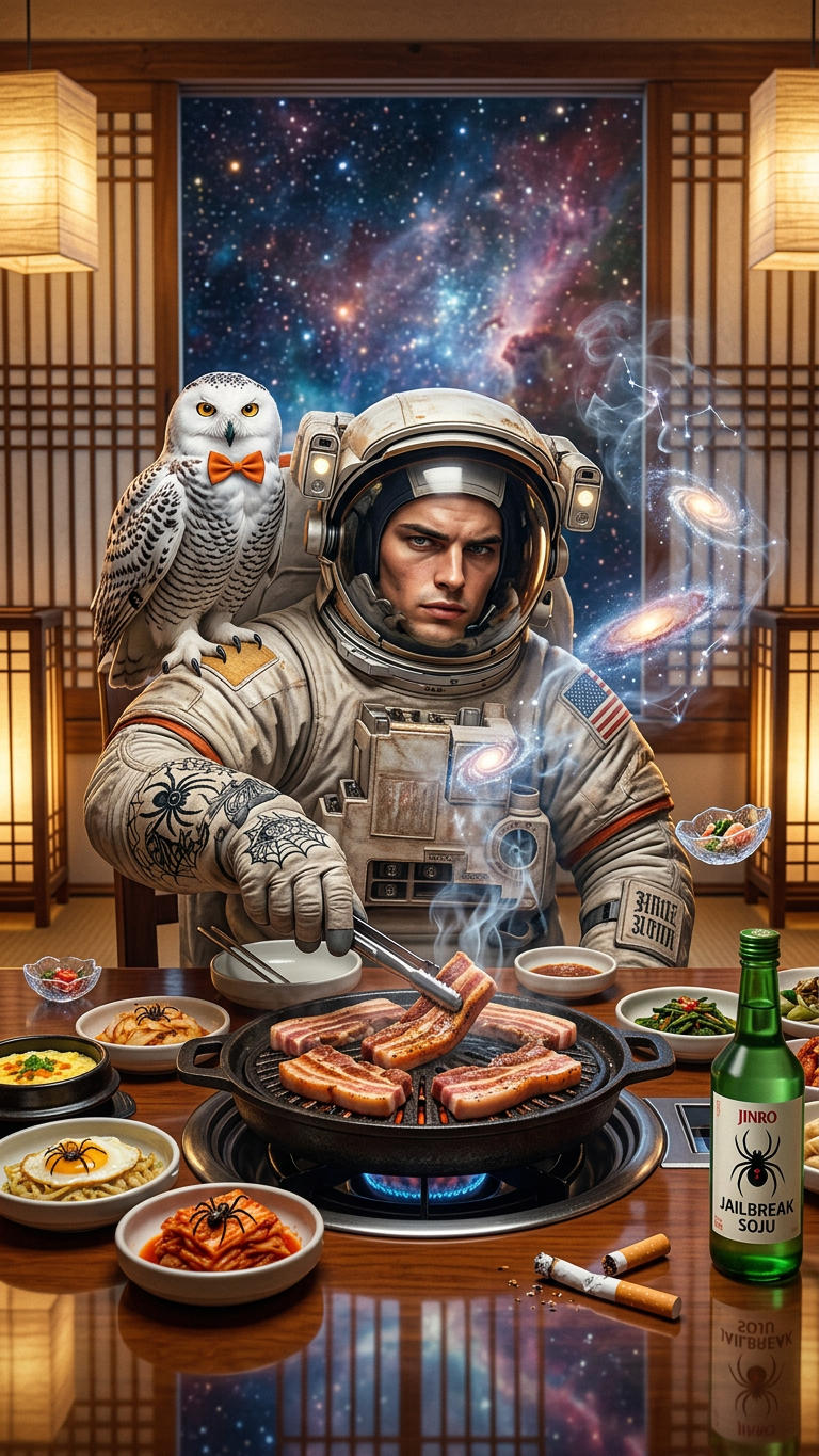 Astronaut And Owl Enjoying Korean Bbq