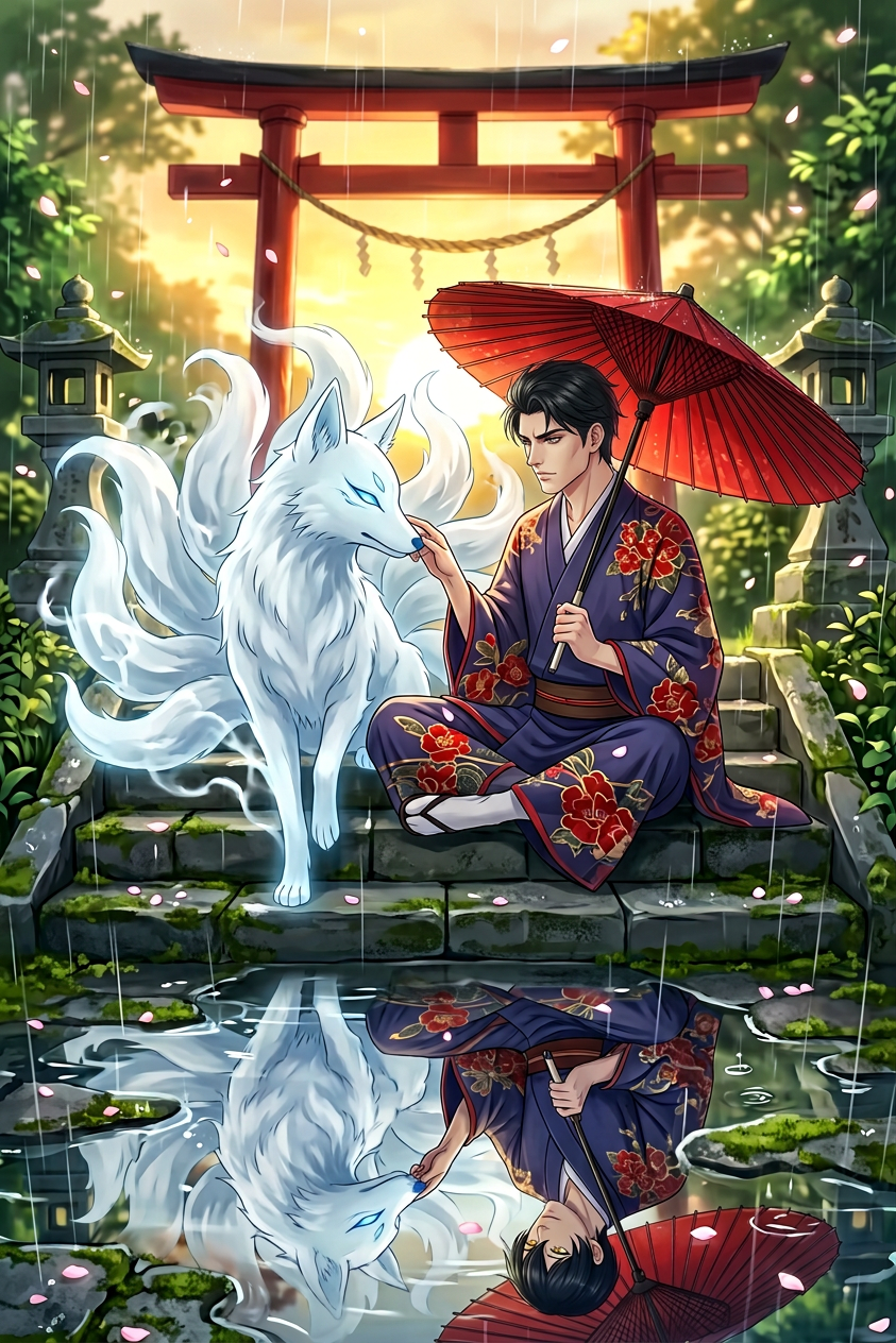 Kimono-clad Figure With Kitsune In Rain