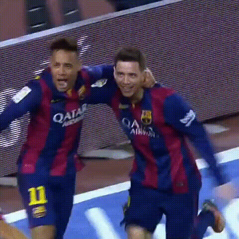 Lionel Messi Celebrating With Suarez