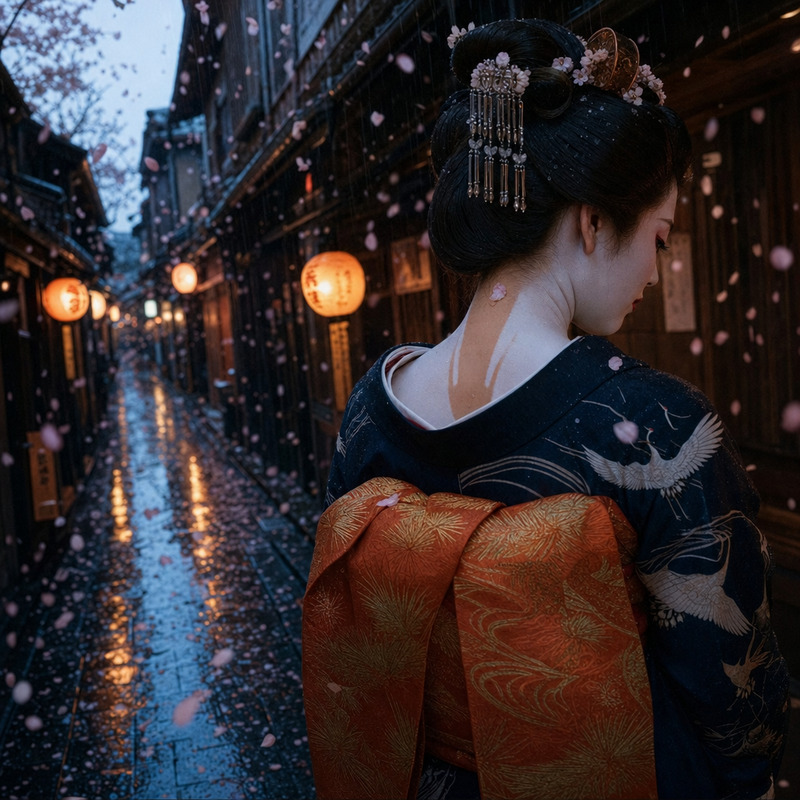 Lanterns Through Falling Sakura