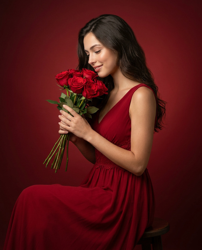 Smiling woman in red gown