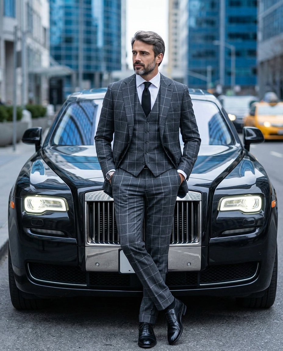 Man in Plaid Suit Against Luxury Car