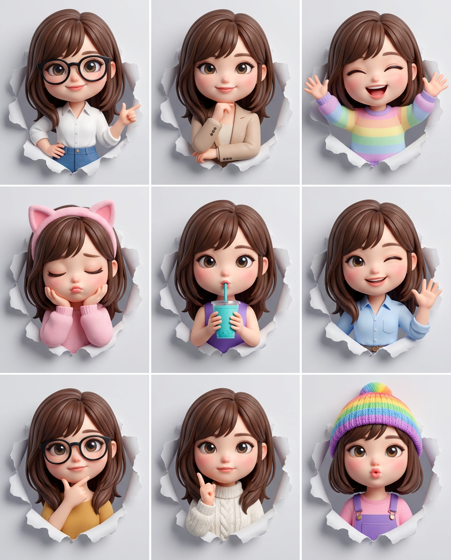 3D Girl Avatar Sticker Sheet Grid