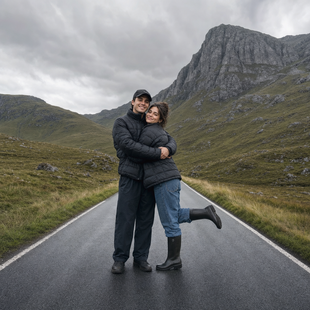 Couple standing by mountainous landscape