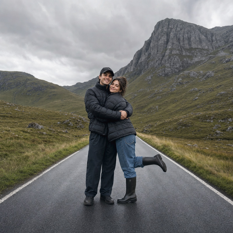Couple standing by mountainous landscape