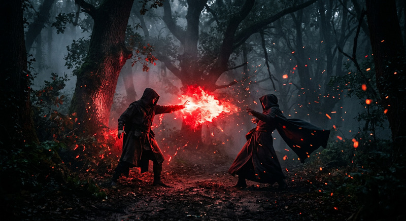 Battle in dark foggy forest