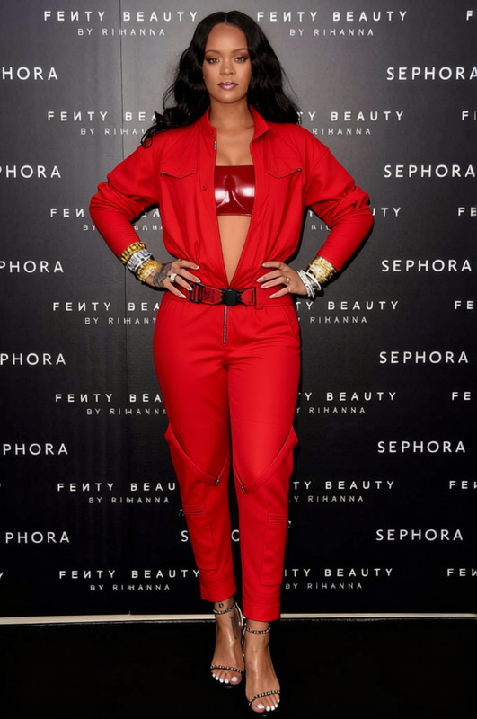 Rihanna Super Bowl Red Flight Suit With Puffer Coat 2