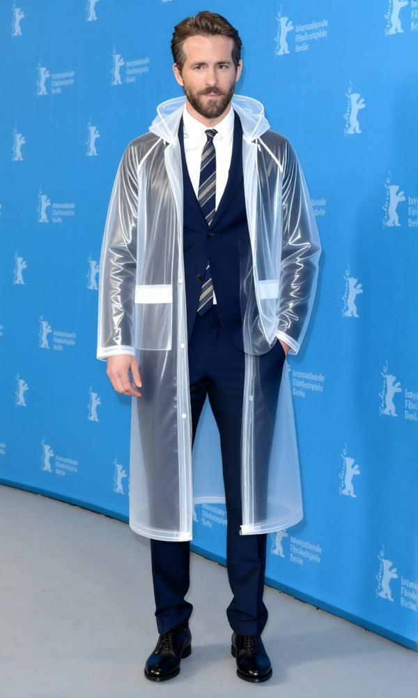 Patrick Bateman Clear Raincoat Over Business Suit