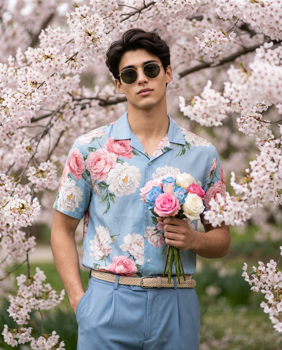 Man with Roses in a Sakura Garden