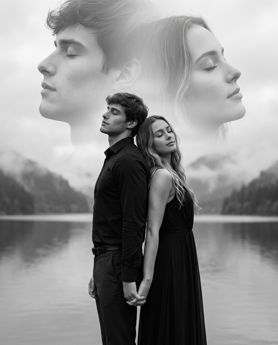 Double Exposure B&W Couple By Lake