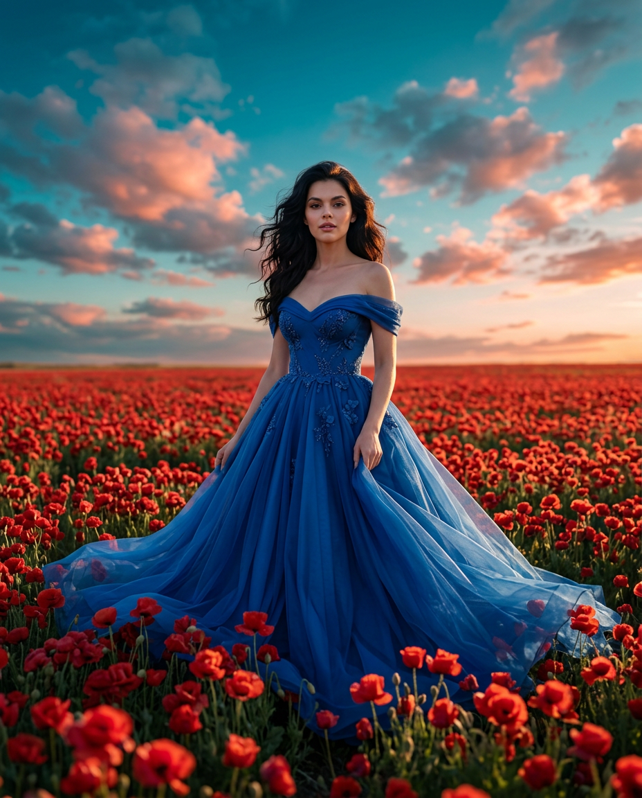 Woman Standing in Red Poppy Field