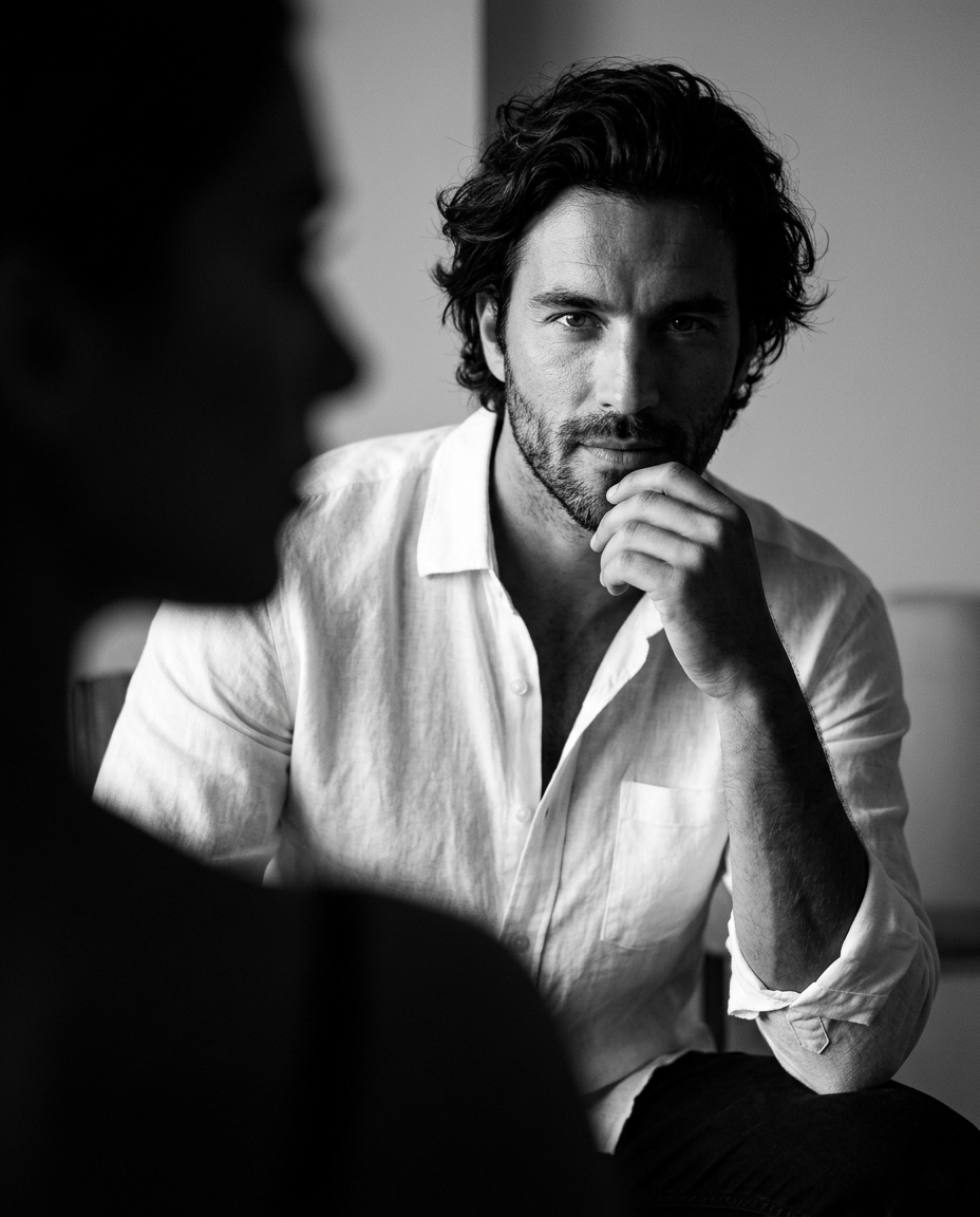 Black and White Thoughtful Man